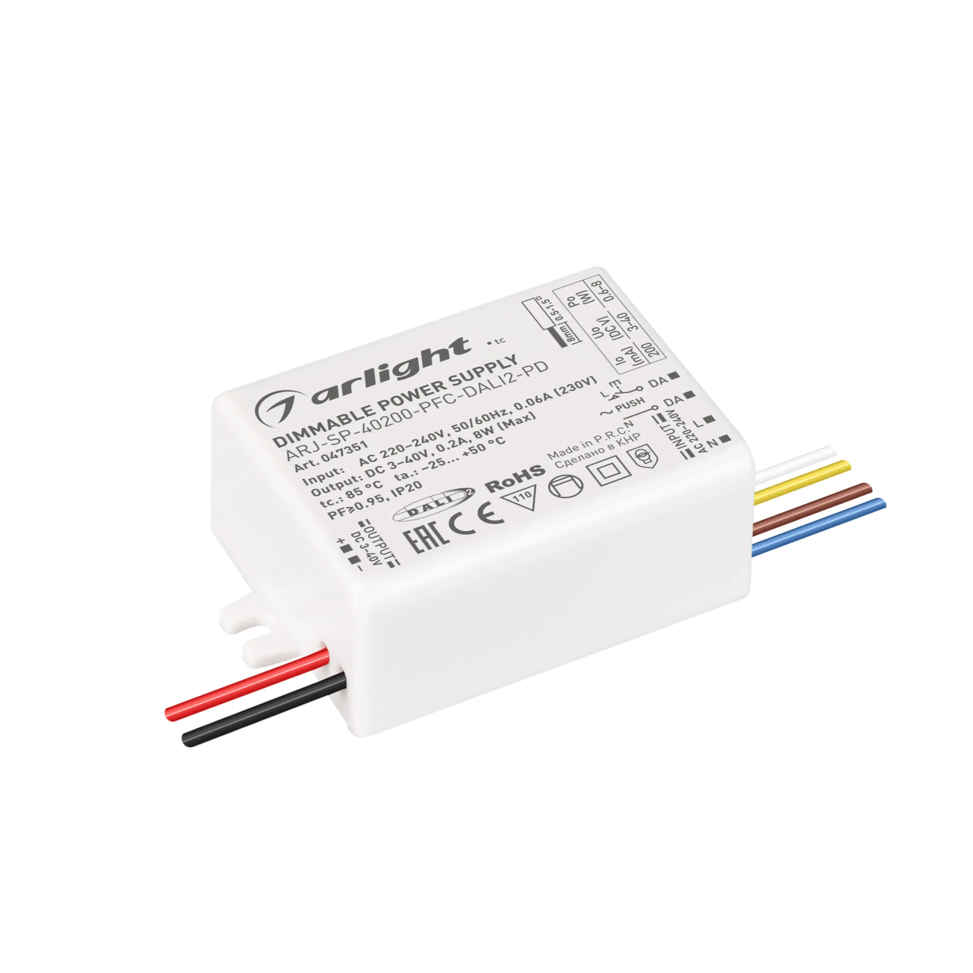 Блок питания ARJ-SP-40200-PFC-DALI2-PD (8W, 3-40V, 200mA) (Arlight, IP20 Пластик, 5 лет) - изображение товара