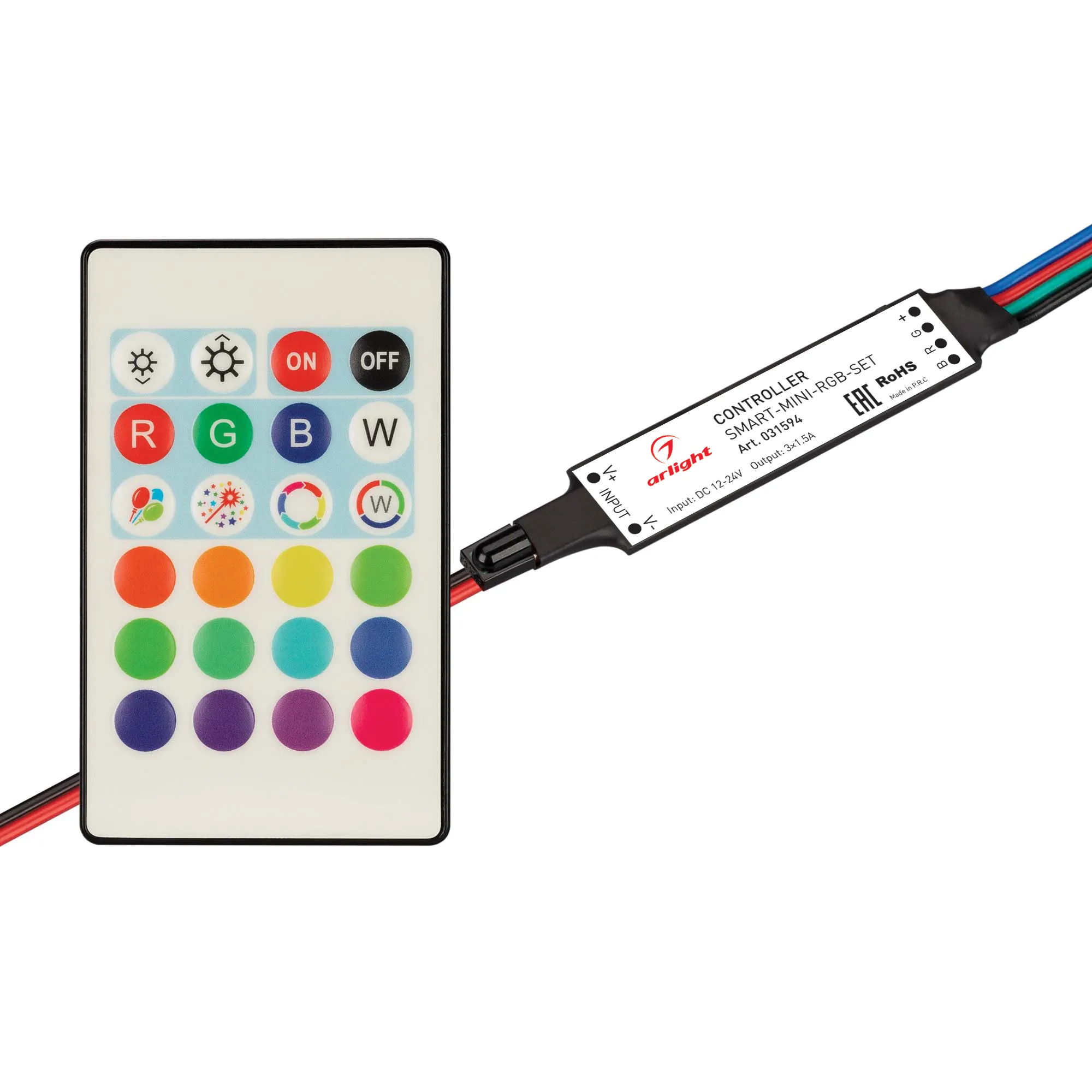 Контроллер SMART-MINI-RGB-SET (12-24V, 3x1.5A, ПДУ 24кн, IR) (Arlight, IP20 Пластик, 5 лет) - изображение товара