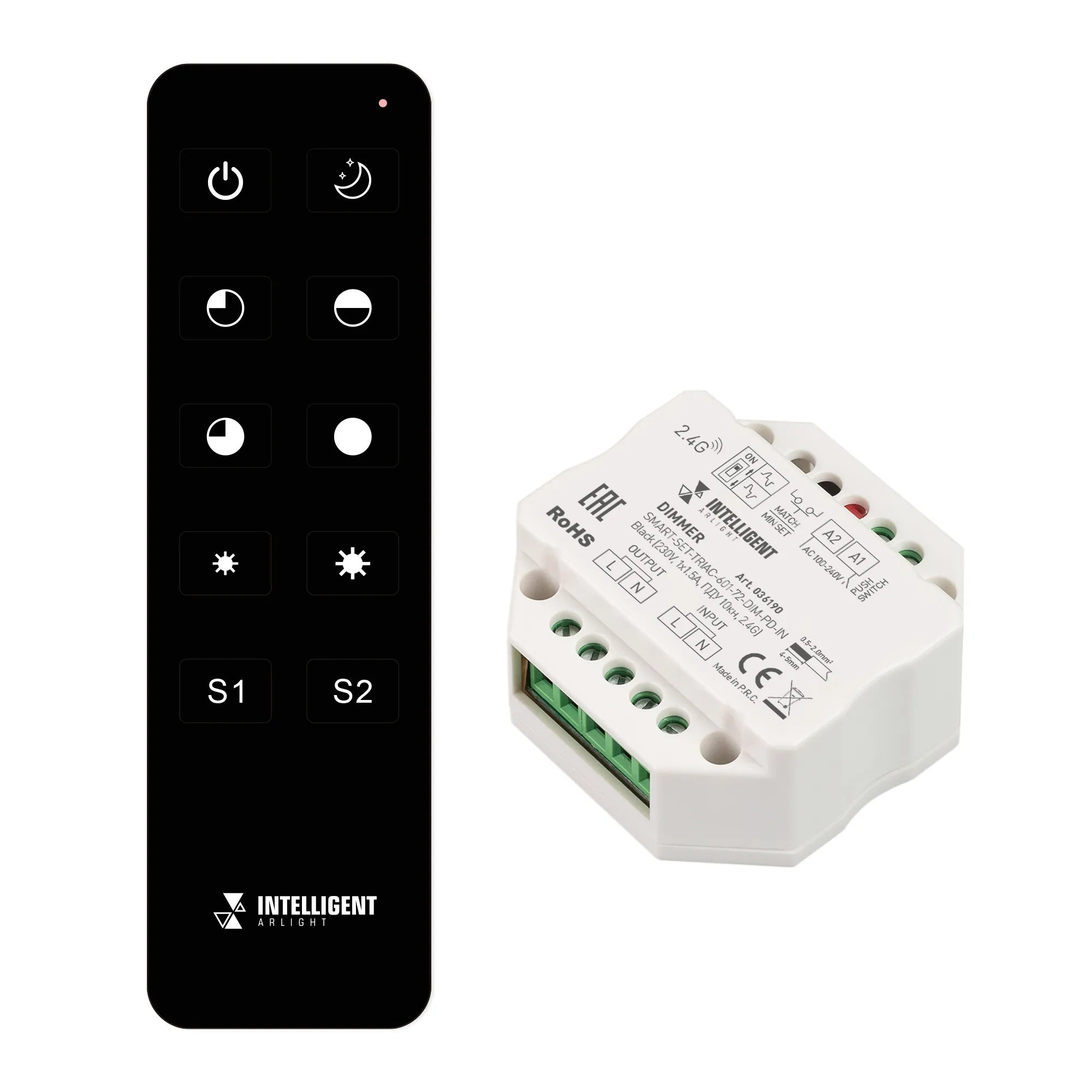 INTELLIGENT ARLIGHT Диммер SMART-SET-TRIAC-601-72-DIM-PD-IN Black (230V, 1x1.5A, ПДУ 10кн, 2.4G) (IARL, IP20 Пластик, 5 лет) - изображение товара