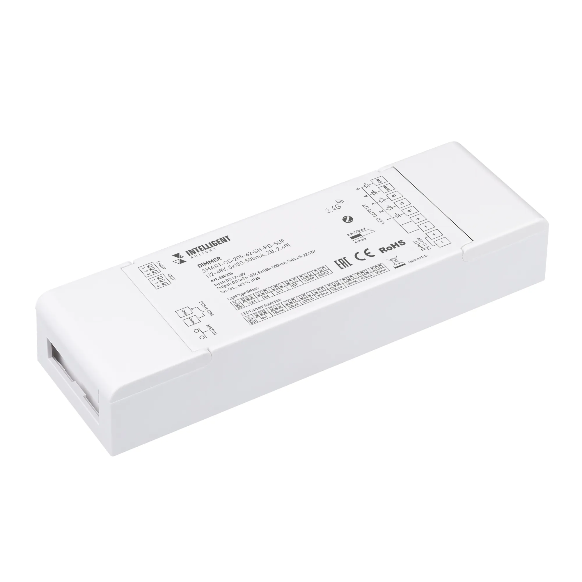 INTELLIGENT ARLIGHT Диммер SMART-CC-205-62-SH-PD-SUF (12-48V, 5x150-500mA, ZB, 2.4G) (IARL, IP20 Пластик, 5 лет)